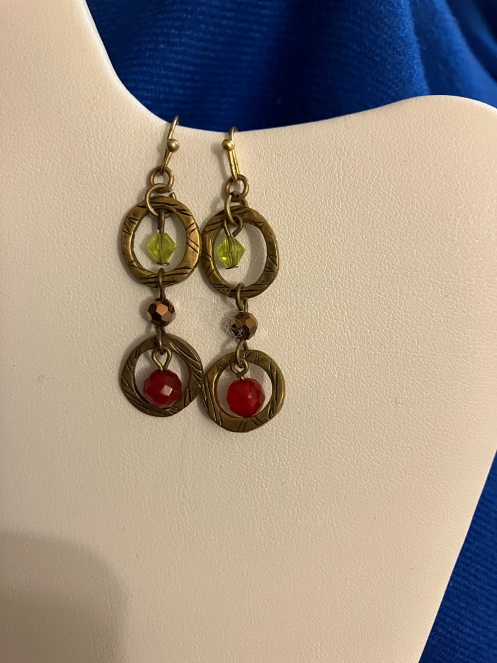 Bronze-Tone Drop Earrings with Red and Lime Beads
